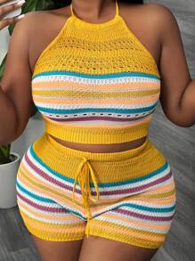 SHEIN CURVE+ 加大码度假休闲彩色条纹露背针织上衣和短裤套装，曲线加大，波西米亚度假风 - 彩色 - 查看 5