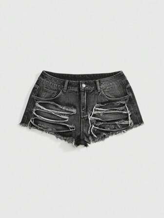 Grunge Punk Women Asymmetrical Ripped Design Low Waist Mini Denim Shorts For Concert Outfit