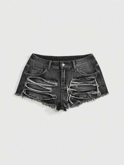 Grunge Punk Women Asymmetrical Ripped Design Low Waist Mini Denim Shorts For Concert