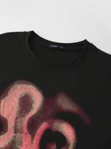 ROMWE MEN Street Life 男士复古街头风格抽象轮廓热图印花短袖T恤，适合夏季 - 黑色 - 查看 4