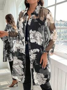 Reflora Plus Size Women Floral Print Roll Cuff Single Breasted Long Shirt For Vacation