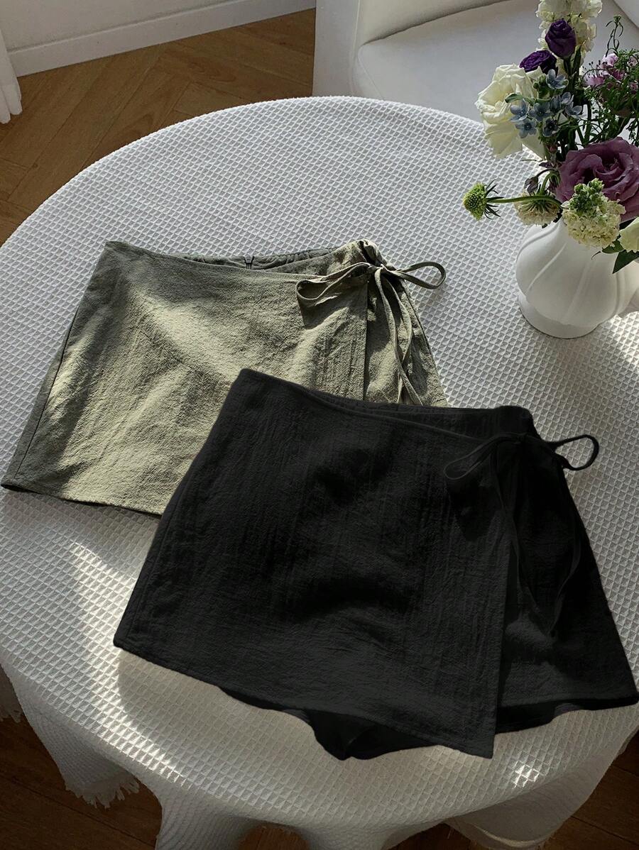 Comfortcana 2件套女士时尚简约休闲纯色短裤,夏季 - 黑色 - 查看 1