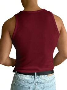 Manfinity Sport Corelite Men's Casual Solid Color Ribbed Tank Top, Versatile For Summer - Burgundy - View 2