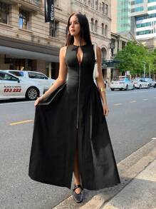SHEIN EZwear Đầm không tay xẻ tà phía trước có thiết kế khoét rỗng màu trơn dành cho nữ - màu đen - Xem 5