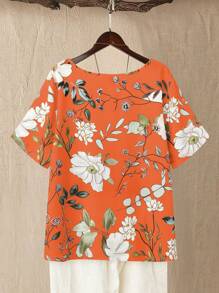 Linhara Plus Size Women's Floral Pattern Round Neck Short Sleeve Front Button Decoration Casual Comfortable Blouse - Multicolor - View 2