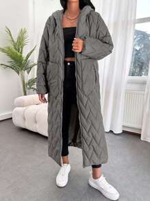 EURMUSE Women's Solid Color Long Sleeve Zipper Front Drawstring Waist Hooded Winter Coat - Grey - View 3