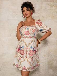 Travachic Đầm mini hở lưng tay bồng cổ vuông in họa tiết Bohemian cổ điển cỡ lớn - Màu be - Xem 3