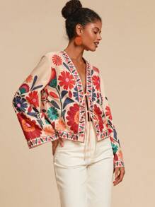 Travachic 度假印花宽松长袖女式衬衫，编织图案印花，休闲夏日度假女士，波西米亚海滩，海滩必备，前中心绳带，俱乐部，适合度假，下午茶 - 彩色 - 查看 5