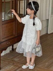 DAZY 小女孩圆领纹理拼布荷叶边下摆中长连衣裙，女孩夏季服装 - 杏色 - 查看 5