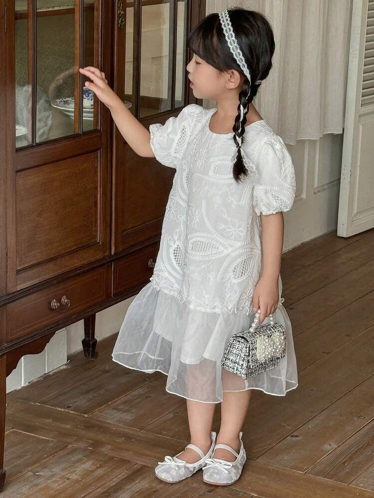 Young Girl Round Neck Textured Patchwork Ruffle Hem Mid-Length Dress,Girls Summer Outfits