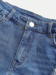 SHEIN Girlism 少女 Y2K 春夏假期纯色水洗低腰破洞下摆牛仔短裤，夏季波西米亚风海滩音乐会狂欢节 - 藍色 - 查看 3