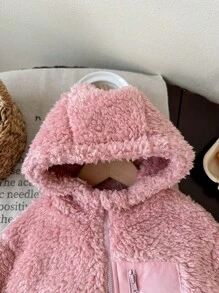 SHEIN Babygirl Cute Casual Versatile Pink Fluffy Hooded Jacket, Autumn/Winter Baby Girl Pink Jacket Baby Girl Winter Jacket Toddler Girl Fuzzy Jacket Pink Teddy Bear Jacket Baby Sherpa Jacket Fall - Multicolor - View 5