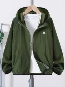 1 pieza Chaqueta ligera con capucha para niño preadolescente, manga larga, color verde con decoración de remates negros, para primavera/verano/otoño