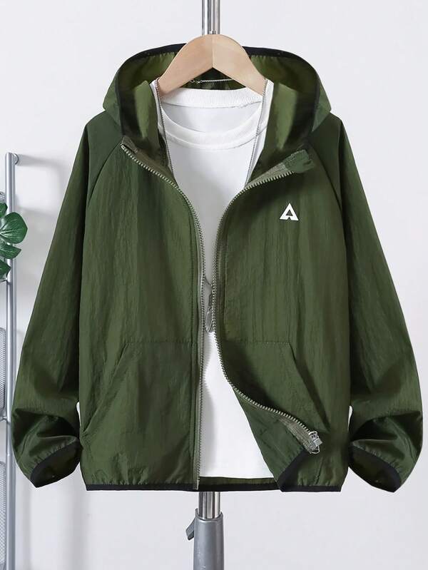 1 pieza Chaqueta ligera con capucha para niño preadolescente, manga larga, color verde con decoración de remates negros, para primavera/verano/otoño