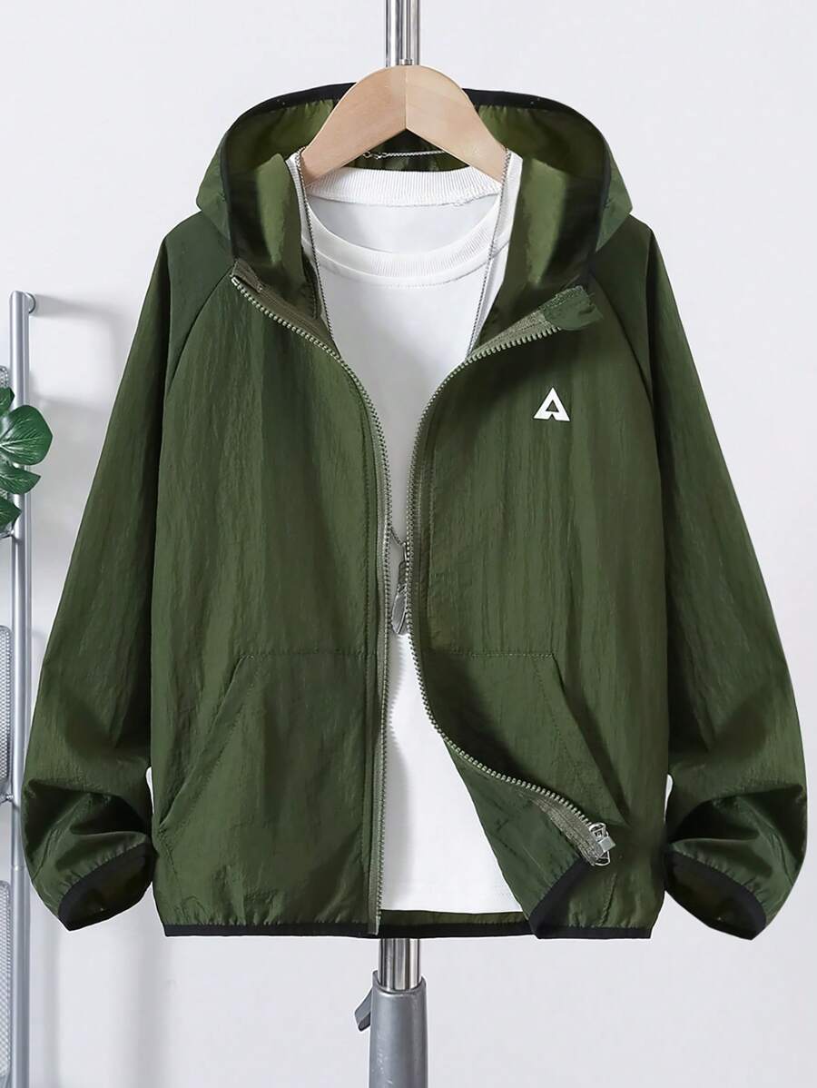 1 pieza Chaqueta ligera con capucha para niño preadolescente, manga larga, color verde con decoración de remates negros, para primavera/verano/otoño