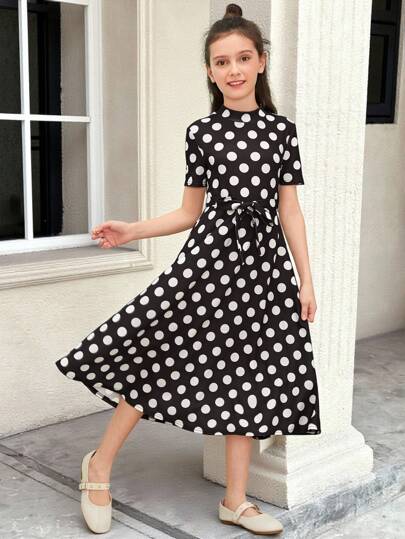 فستان منقط بحزام معقود محاكاة الرقبة لفتاة البلوغ