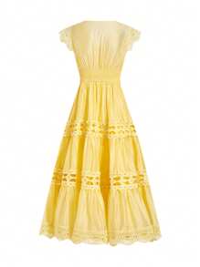 Ellevyn V 领蕾丝拼布扇形饰边，荷叶边腰部和喇叭袖，黄色优雅夏季海滩度假休闲连衣裙 - 黃色 - 查看 3