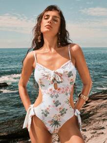 Elaire 1pc Elegant Floral Print Cutout Back Tied Waist One-Piece Swimsuit For Summer Beach Vacation - Multicolor - View 4