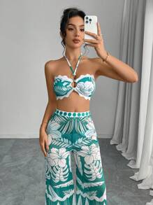 Elenzga Set de 3 piezas Traje de baño de mujer con Top estilo halter tipo bandeau con estampado floral y pantalón de playa, color aleatorio, para vacaciones de verano