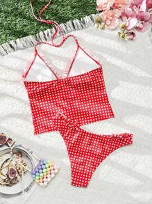 Swim Mod MOD Red Plaid, Special Fabric Print, With Flying Edges On Bag, Drawstring Inside Bag, With Flying Edges On Bottom For Summer Beach Vacation - Red and White - View 5