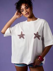 MISSGUIDED Camiseta de verano oversize con aplicación de estrella de mar brillante, ropa de playa y resort, uso casual diario