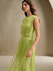 Anewsta 沙漠女神流苏波西米亚风格修身长裙，适合节日和音乐节 - 酪梨綠 - 查看 7