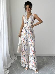Elenzga Women's Elegant Floral Print Romper Jumpsuit, Suitable For Vacation & Music Festival
