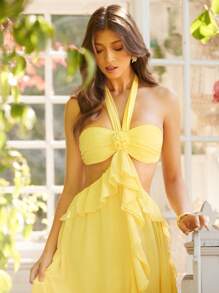 L'Amorae Vestido largo elegante con cuello halter, volantes y rosetas para primavera y verano