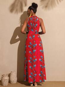 Vesra 女士简约印花开衩下摆休闲连衣裙 - 紅色 - 查看 2