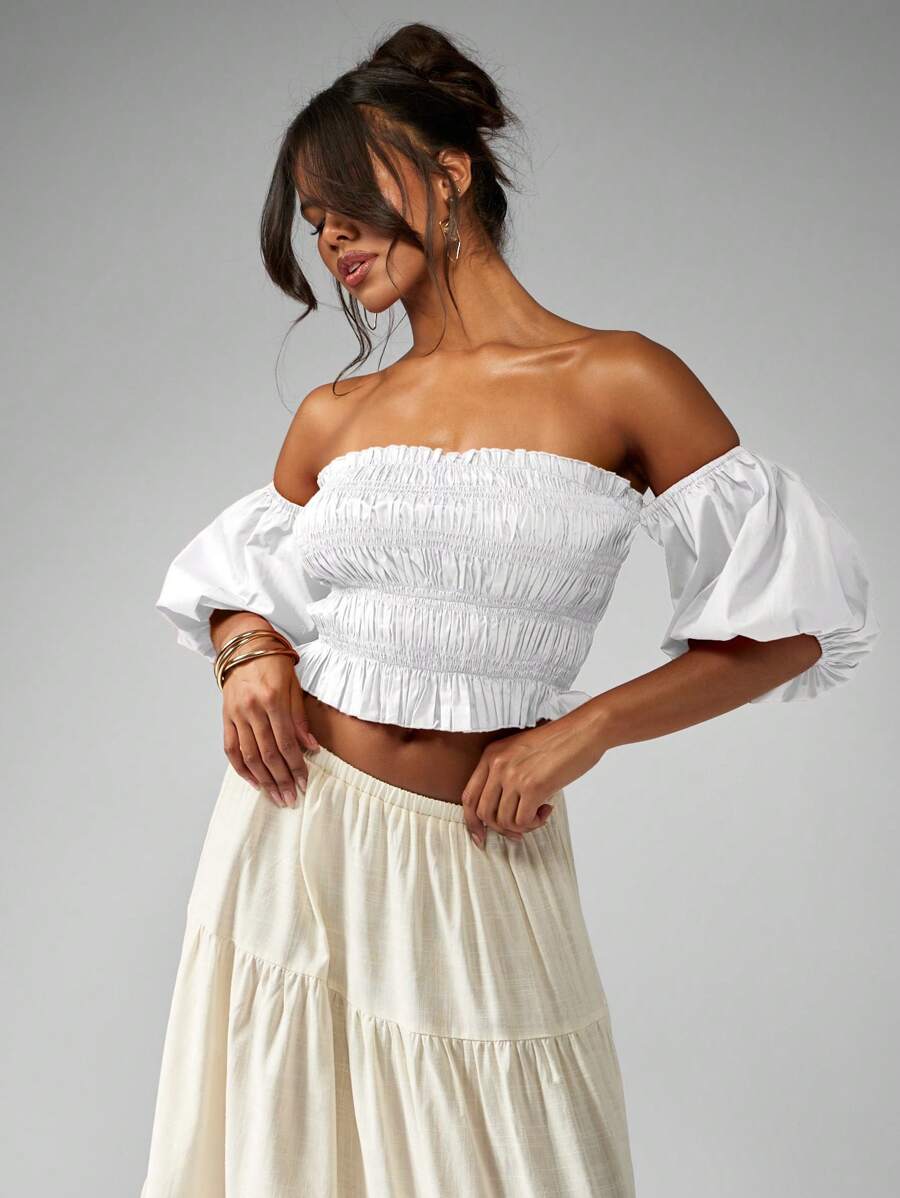 MISSGUIDED 褶皱泡泡袖短款上衣夏季抹胸露肩褶皱弹力紧身胸衣波西米亚风节日度假小屋核心衬衫 - 白色 - 查看 1