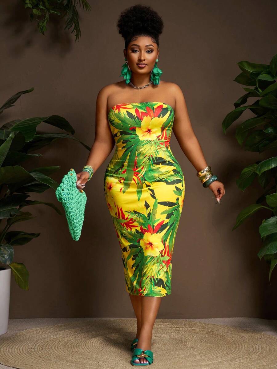 Slaydiva 大码女式热带印花修身抹胸连衣裙，夏季海滩度假风格