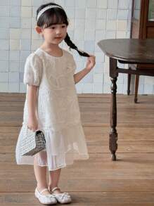 DAZY 小女孩圆领纹理拼布荷叶边下摆中长连衣裙，女孩夏季服装 - 杏色 - 查看 3