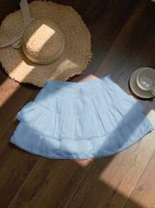 Comfortcana 女士常规蓝色梭织拼布边百搭 A 字裙 - 藍色 - 查看 3