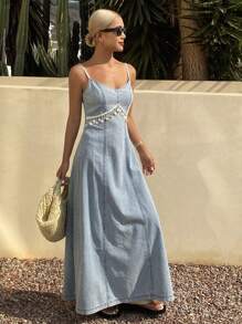 Livesso 女士夏季流苏装饰吊带牛仔连衣裙，返校度假装 - 藍色 - 查看 1