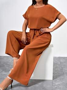 SHEIN Clasi 加大码优雅圆领连体裤，配有腰带和阔腿，商务休闲女士 - 薑色 - 查看 4