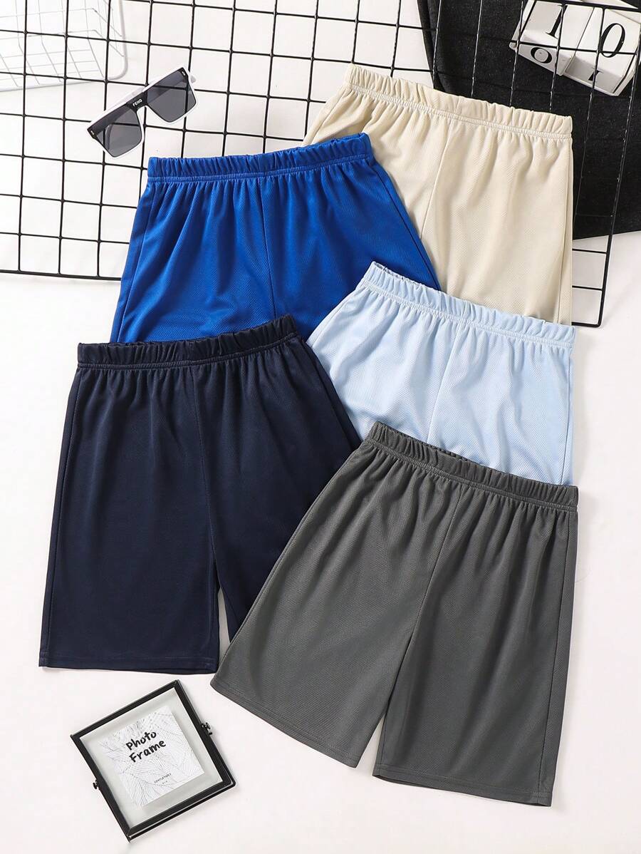 5件装青少年男童休闲运动纯色网眼宽松针织短裤套装