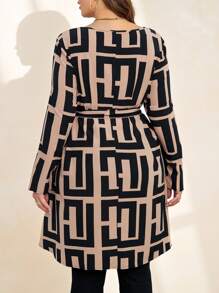 SHEIN Clasi Plus Size Women's Geometric Print Tie Waist Long Sleeve Blouse - Black - View 2