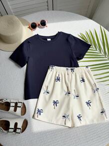 SHEIN 2pcs/Set Boys Casual Solid Color Loose Round Neck Short Sleeve Knit T-Shirt And Loose Woven Shorts Set, Suitable For School, Garden, Beach, Birthday Wear In Spring, Summer, Fall, Winter - Multicolor - View 7