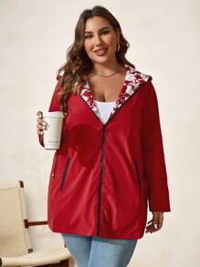 SHEIN Clasi Plus Size Women Geometric Print Reversible Long Sleeve Casual Hooded Loose Jacket, Suitable For Autumn And Winter