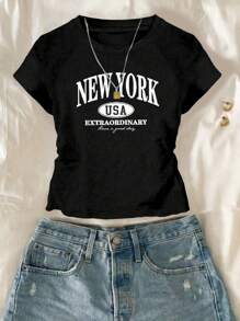 Mädchen Lässiges Raglan-Arm T-Shirt mit Buchstaben & Muster und Gummizug-Taille, Slim Fit