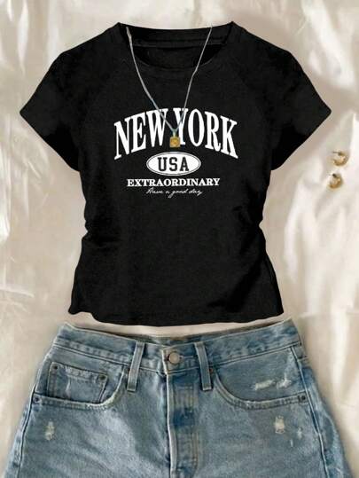 女童字母印花休闲插肩袖T恤，松紧腰，修身款