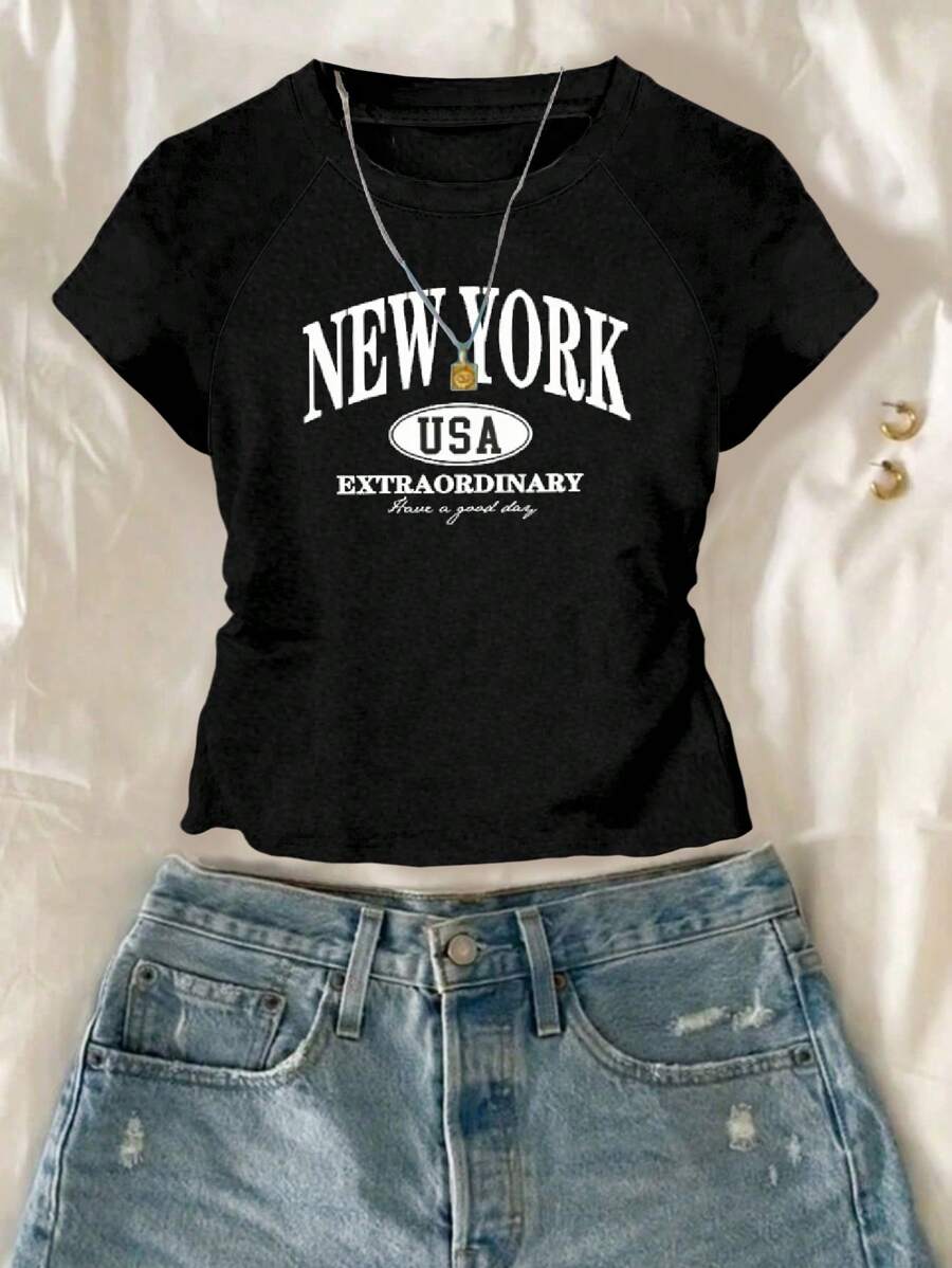 Mädchen Lässiges Raglan-Arm T-Shirt mit Buchstaben & Muster und Gummizug-Taille, Slim Fit