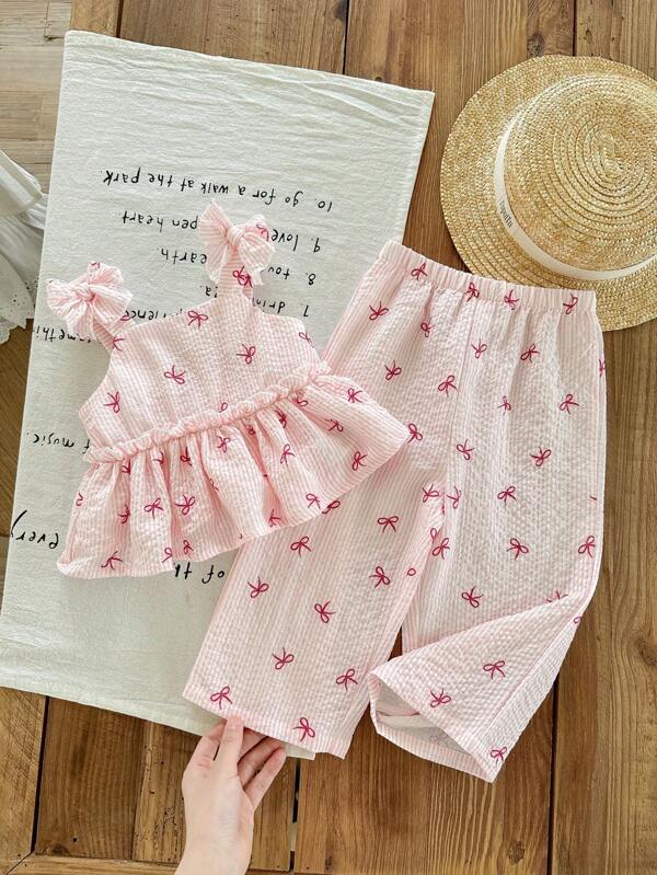 SHEIN LMoss Kids LMoss Baby Girls Summer Cute Striped Camisole And Elastic Waist Pants 2 Pieces Set