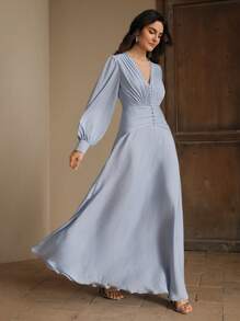 Anewsta Fashionable & Elegant V-Neck Ruched Waist Mini Dress For Women, Slimming, Spring/Summer - Baby Blue - View 4