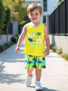 SHEIN Young Boy Casual Fashionable Printed Coconut Tree Pattern Vest And Patchwork Coconut Tree Print Shorts 2 Pieces Set, Suitable For Spring/Summer, Beach Vacation