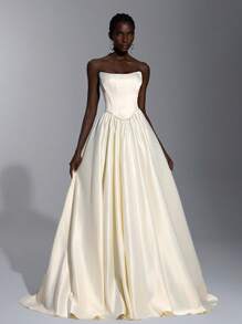 Elitara Elegante vestido sin mangas de satén color beige con escote de halter, cintura baja minimalista con abertura, cintura al estilo "basque", decoración de perlas y silueta evasé súper amplia. Con lazo ajustable en la espalda, adecuado para citas, vacaciones, cumpleaños, graduación, fiestas, bodas, galas formales, veladas, invitada de boda - Albaricoque - Ver 4