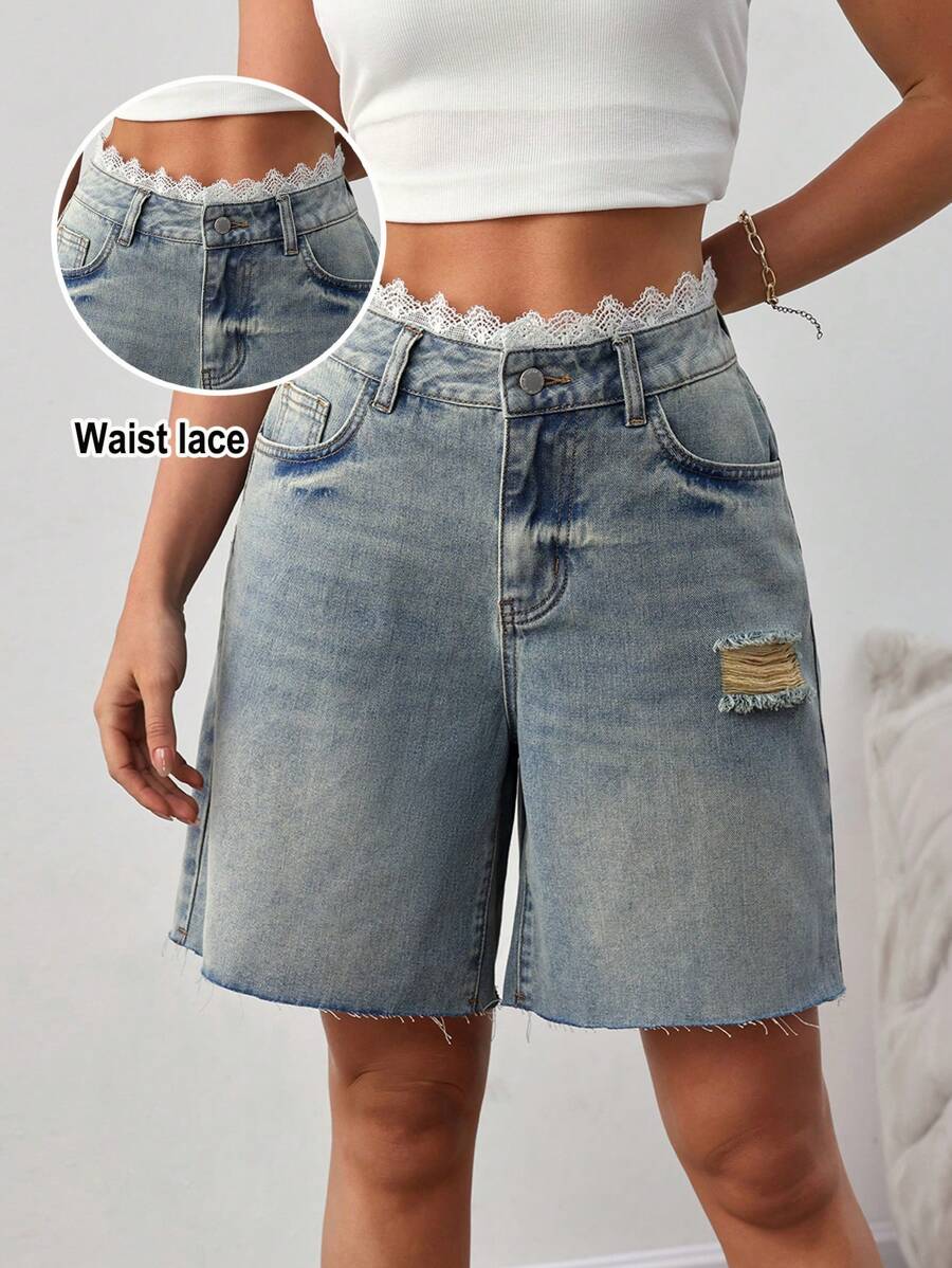 SHEIN Tall Damen Lässig Ultra Tief Sitzende Jeans Shorts, Blaue Hochtaillierte Bermuda Jeans Shorts mit Spitzenband, Country Konzert Flughafen - Mittele Waschung - Übersicht 1
