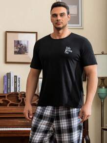 Men Slogan & Plaid Print Top & Pants Pajama Set - Black and White - View 4