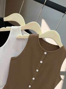 Celisse 3 Pcs/Set Women's Solid Color Elegant Round Neck Sleeveless Slit Fitted Button Tank Top