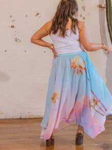 Aralina Plus Size Curve Printed Gradient Flowing Spliced Asymmetrical Hem Vacation Women Maxi Skirt - Multicolor - View 2